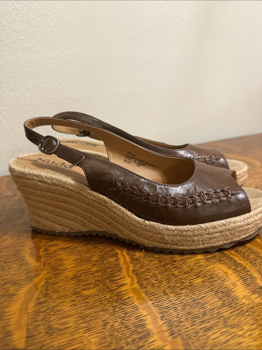 Mudd Brown Leather Woven Espadrille Wedge Slingback